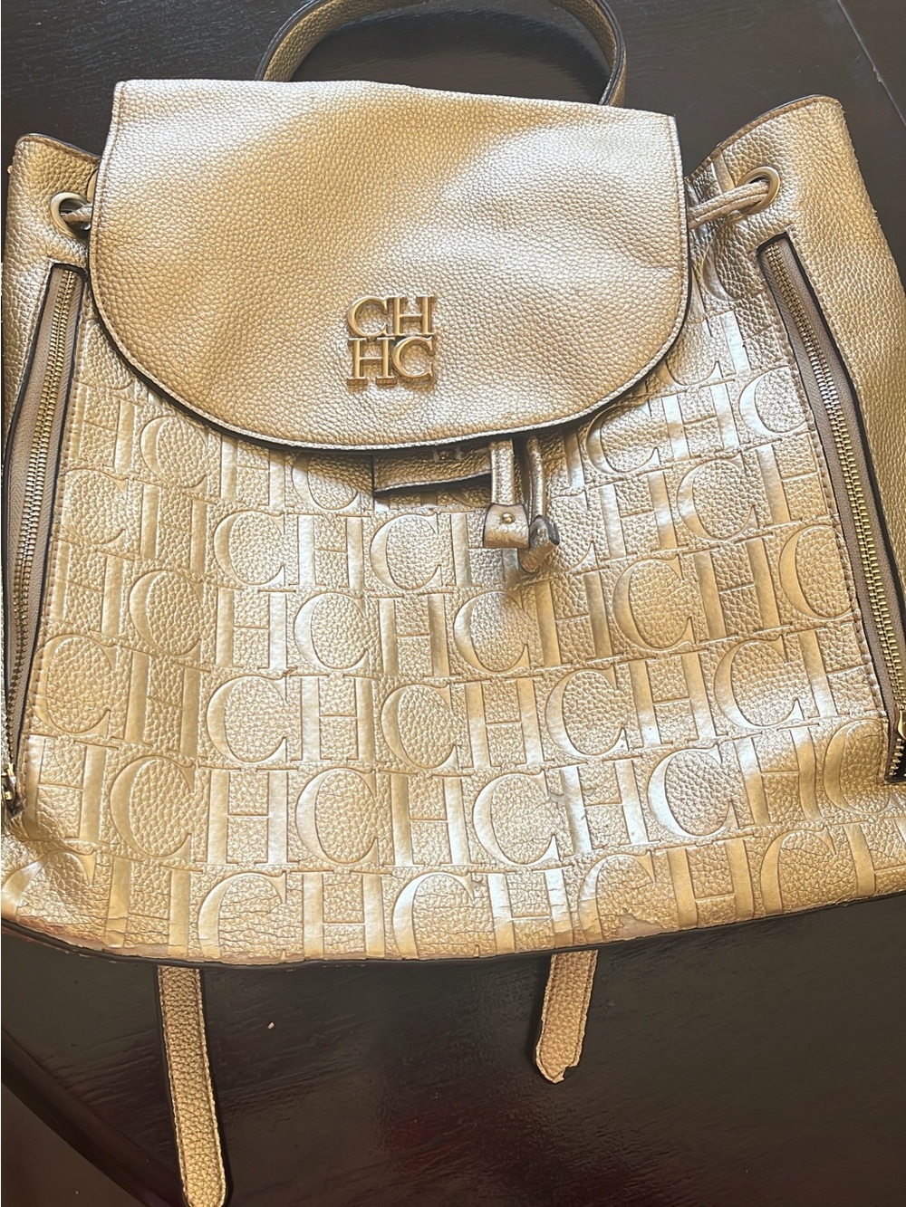 Carolina Herrera Metallic Gold CH Monogram Drawstring Backpack